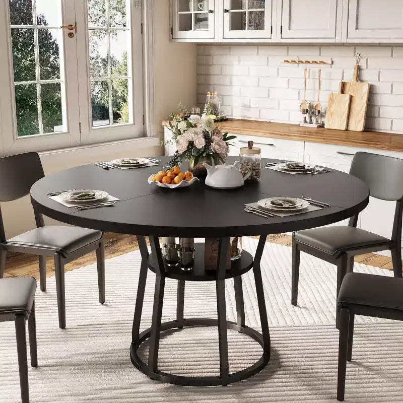 Round Dining Table for 4-6, 42 Farmhouse Kitchen Table with Storage, Circle Dinner Tables for Kitchen, Dining Room, Living Room, Apartment