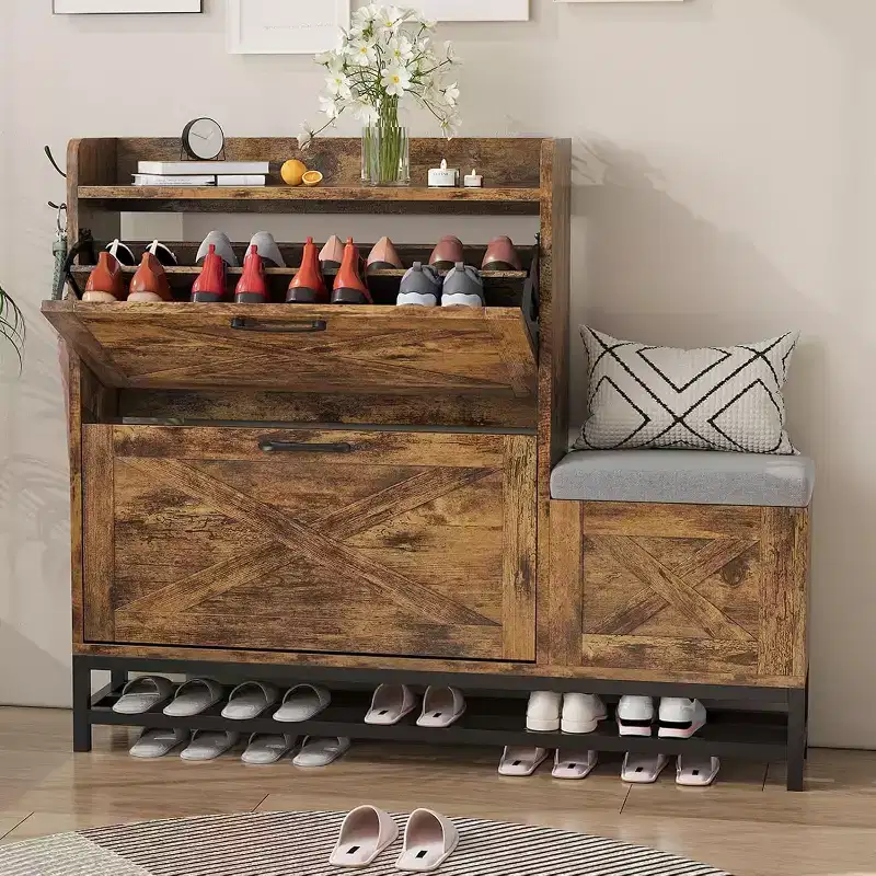 Shoe Cabinet with 2 Flip Drawers & Padded Seat Cushion, Narrow Shoe Organizer Rack for Entryway