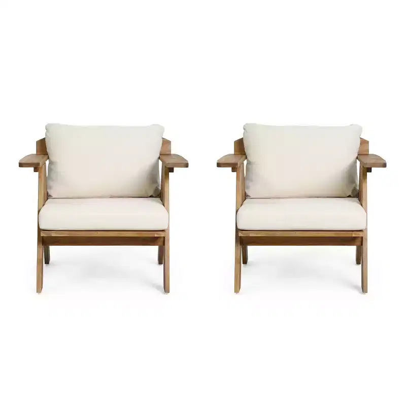 Okak Rusitc Acacia Wood Patio Club Chairs Upholstered Accent Chairs,Set of 2,Boho Outdoor Teak Finish Chair,Outdoor Furniture Seating