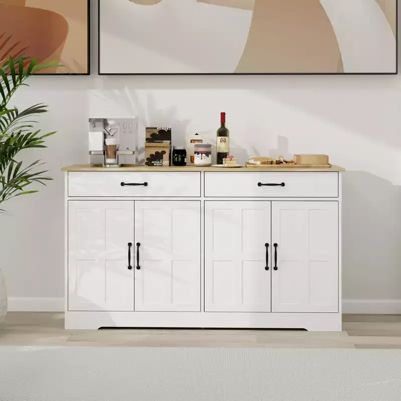 AndMakers White Wood 55.91 in. Sideboard with Shaker Style Design Doors