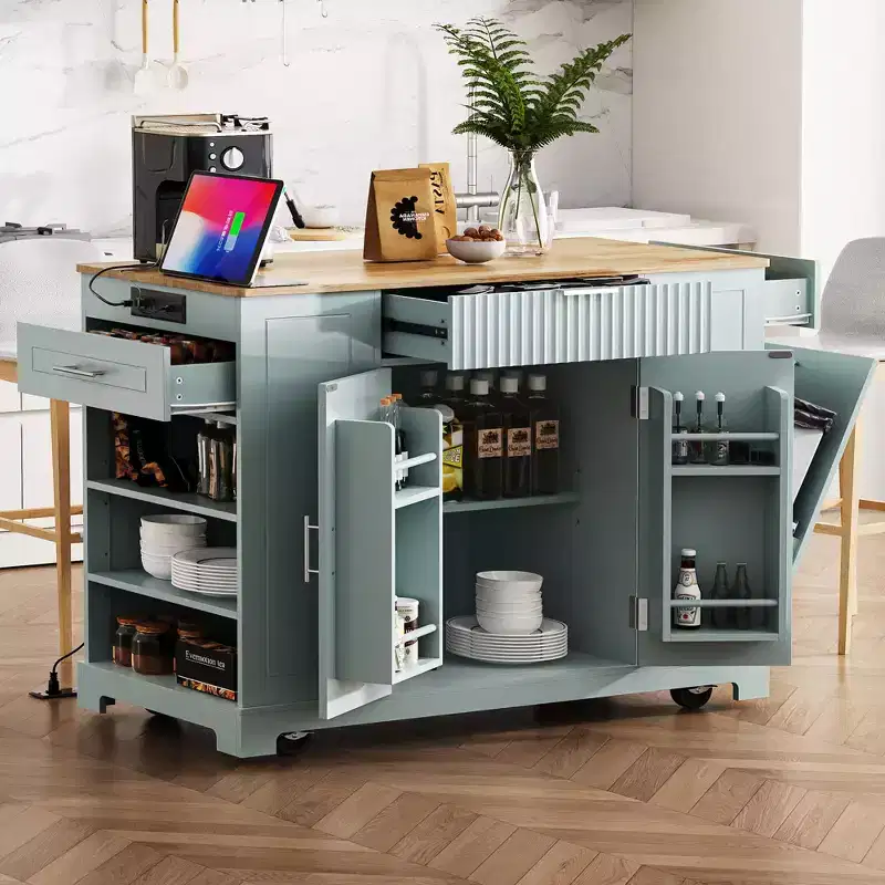 Modern Kitchen Island with Power Outlet & Tilt Trash Can, Rolling Kitchen Cart with Wheels & Racks, Storage Cabinet Dining Table