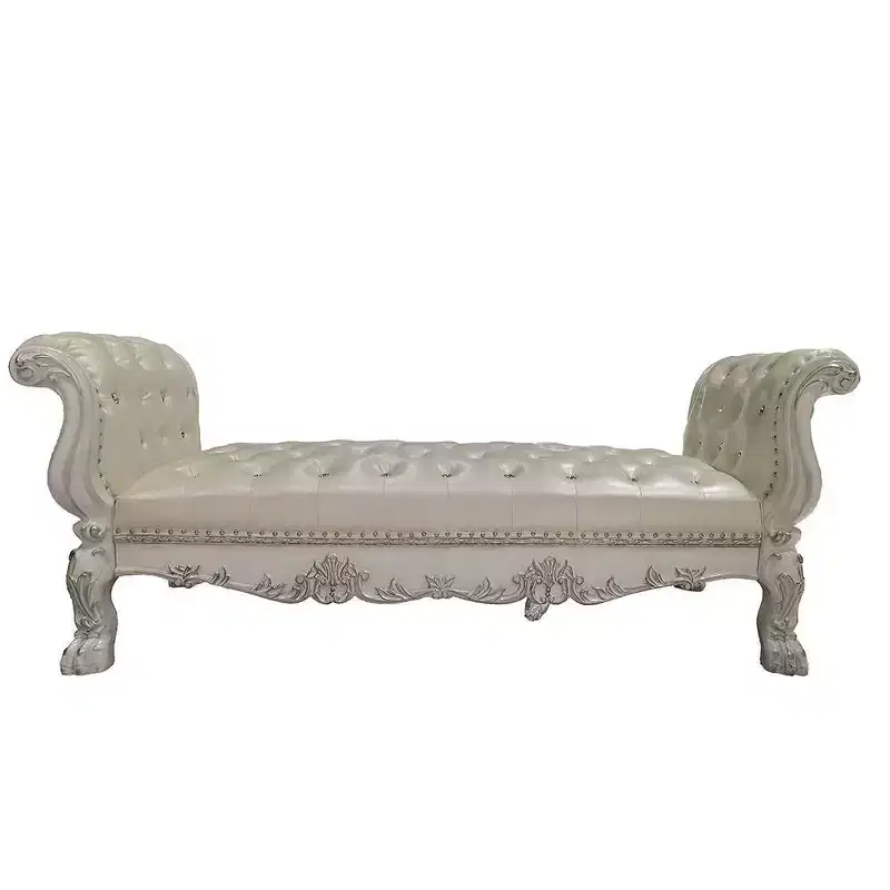 Acme Furniture 78.5" Dresden Ottoman and Bench Synthetic Leather and Bone White Finish: Upholstered, Metal Legs, No Assembly Required