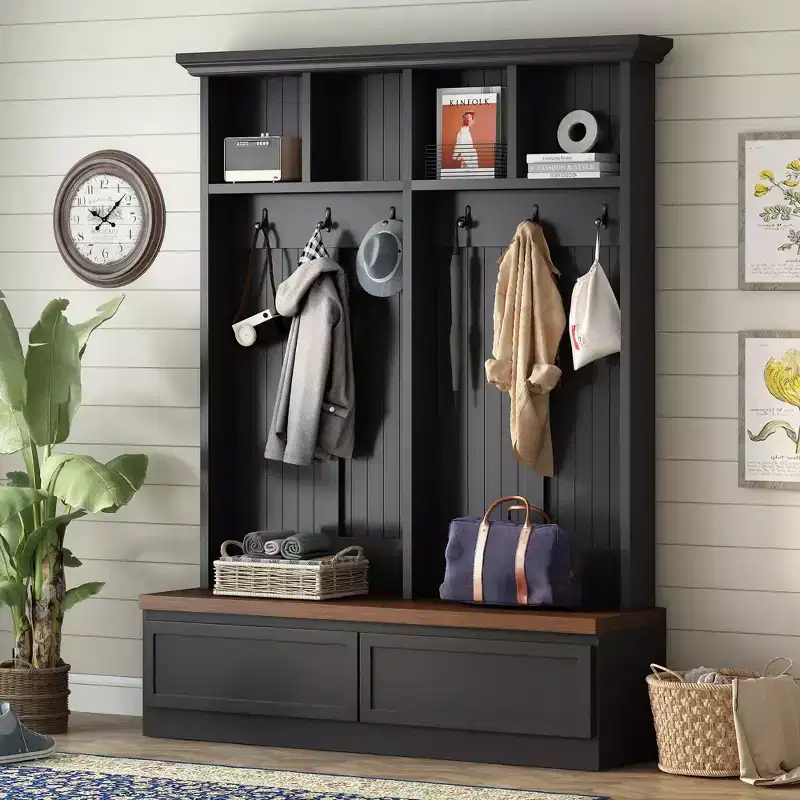 Okak Farmhouse Hall Tree with Wood Grain Bench, Versatile Storage Rack with 2 Large Drawers, Entryway Storage for Hallway, Living Room, Black+Walnut