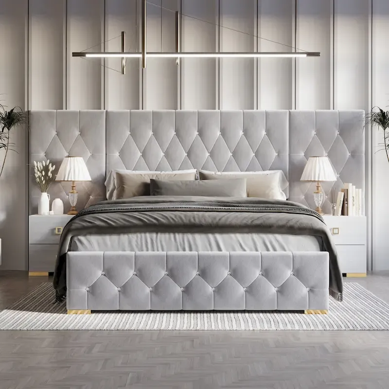 3 Piece Bedroom Nightstands Set Luxurious Velvet Tufted Platform Bed