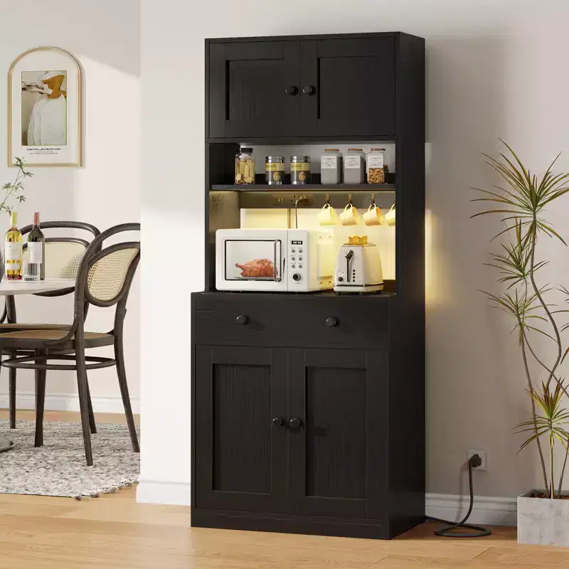 71 Inch Black Kitchen Pantry Storage Cabinet Farmhouse Freestanding Microwave Stand with Hutch Doors and Drawers for Dining Room and Coffee Bar Uses