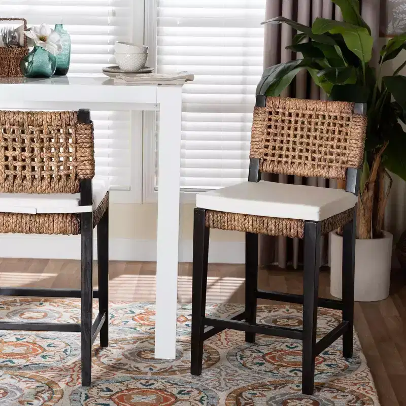 bali & pari Alise Modern Bohemian Dark Brown Mahogany Wood and Seagrass Counter Stool