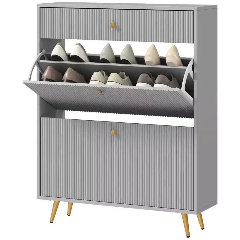 Narrow Shoe Storage Cabinet with Wave-like Panels and Adjustable Shelves for 12 Pairs of Shoes