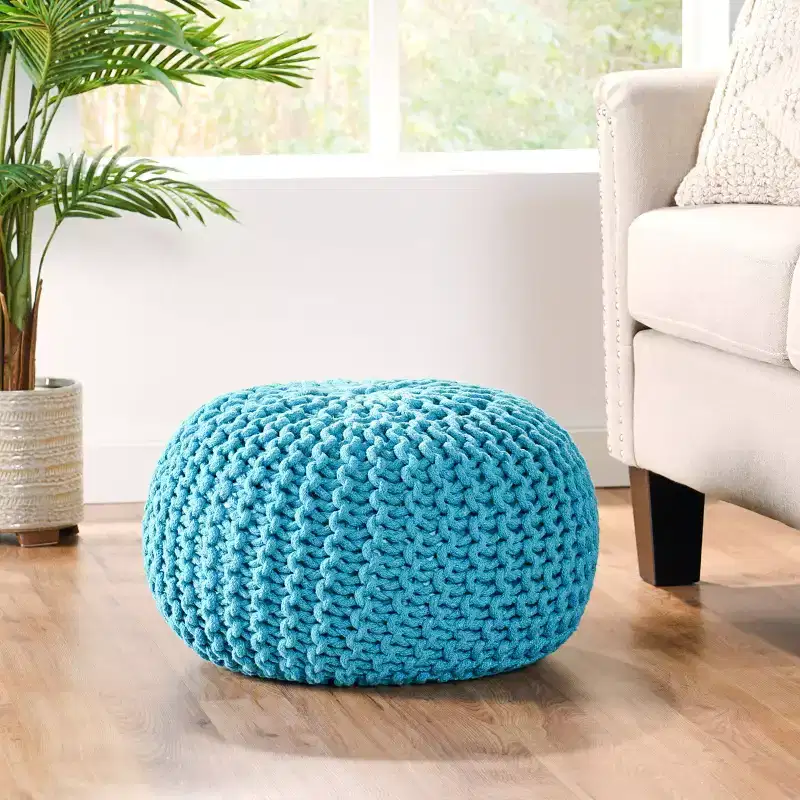Modern Handmade Cotton Knit Round Pouf