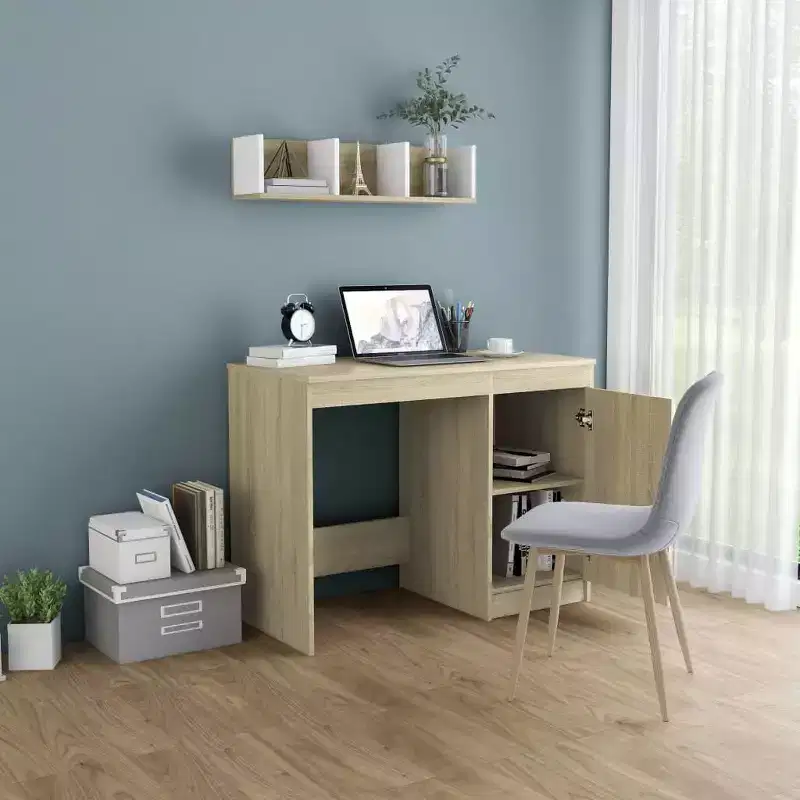 Clihome 39.4 Inch Modern Sonoma Oak Computer Desk with Built-in Storage Cabinet for Home Office