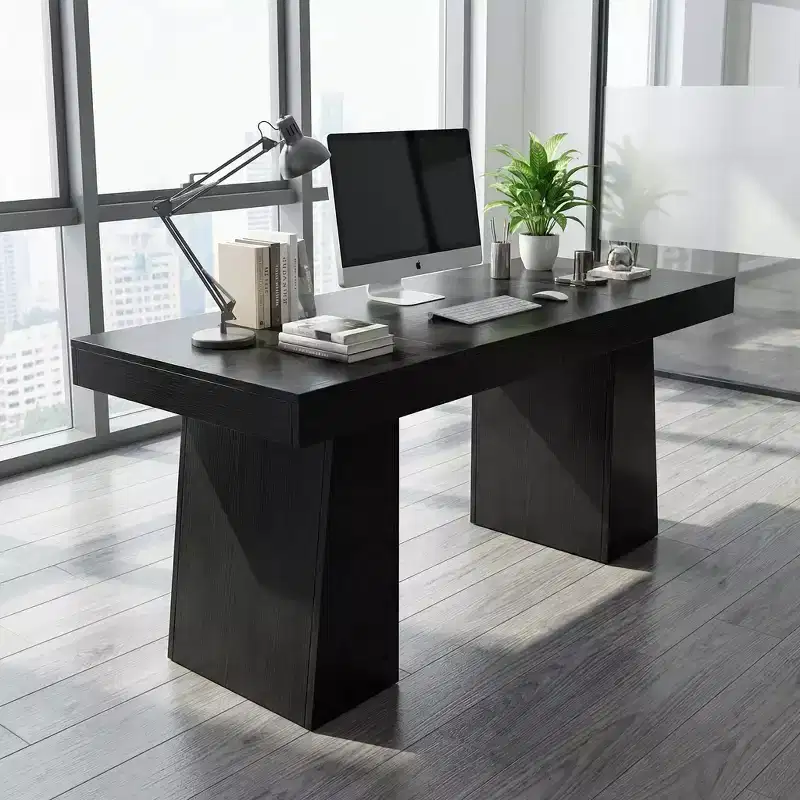 55 Mid-Century Modern Executive Desk, Wood Computer Desk with Double Trapezoid Base, Home Office Workstation Writing Table