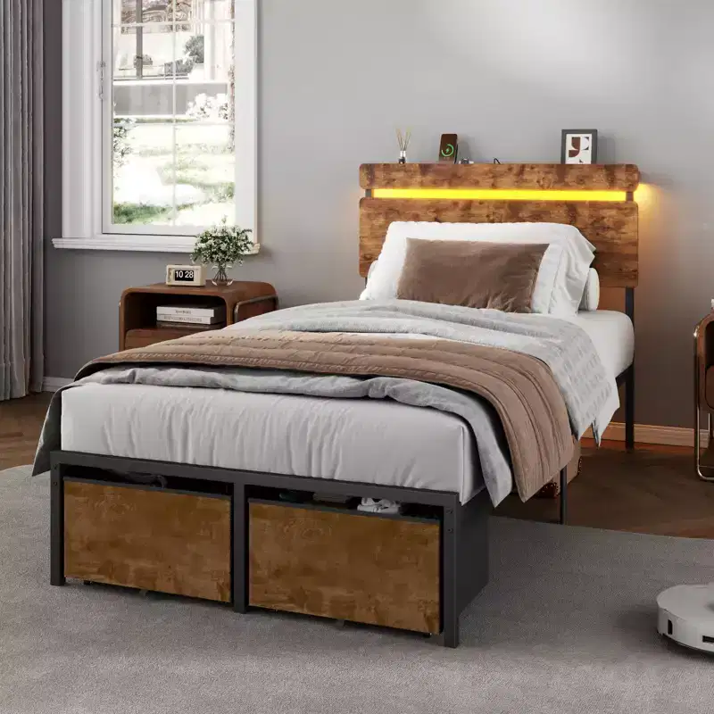 Twin Size Bed Frame with Charging Station LED Lights 2 Storage Drawers Vintage Brown Metal Platform Bed Wood Headboard Shelf No Box Spring Needed