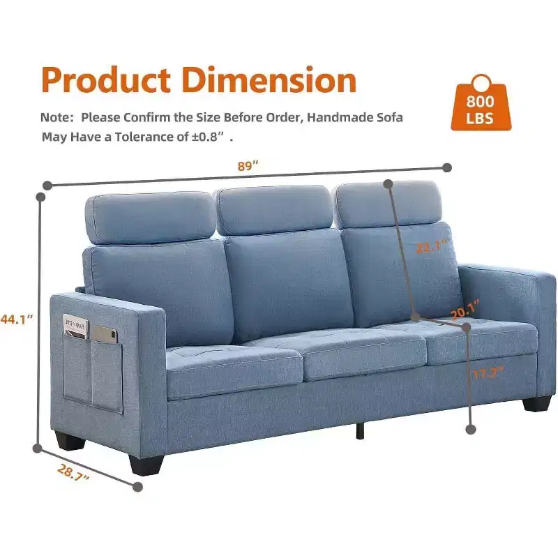 Acekool 3-Seat Chenille Sofa Couch, 89 Inch Upholstered Sofa with Headrest, Wide Armrests & Side Storage Pockets, Blue, Modern Living Room Sofa