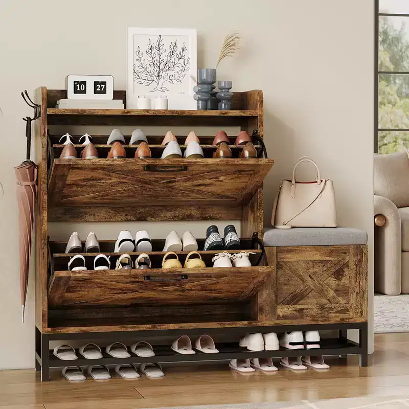 Shoe Cabinet with Bench, Farmhouse Narrow Slim Shoe Storage Cabinet 2 Flip Drawers for Entryway, Living Room, Hallway