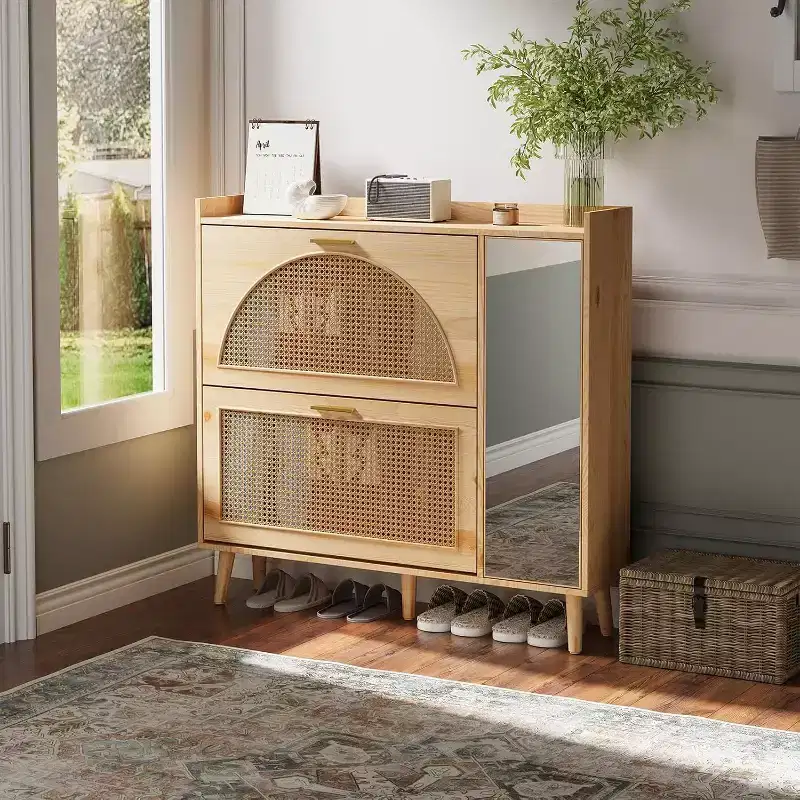 Natural Rattan Shoe Cabinet with Mirror, Freestanding Hidden Shoe Rack, 2 Flip Drawers & Adjustable Shelves for Entryway, Hallway, Closet, Living Room