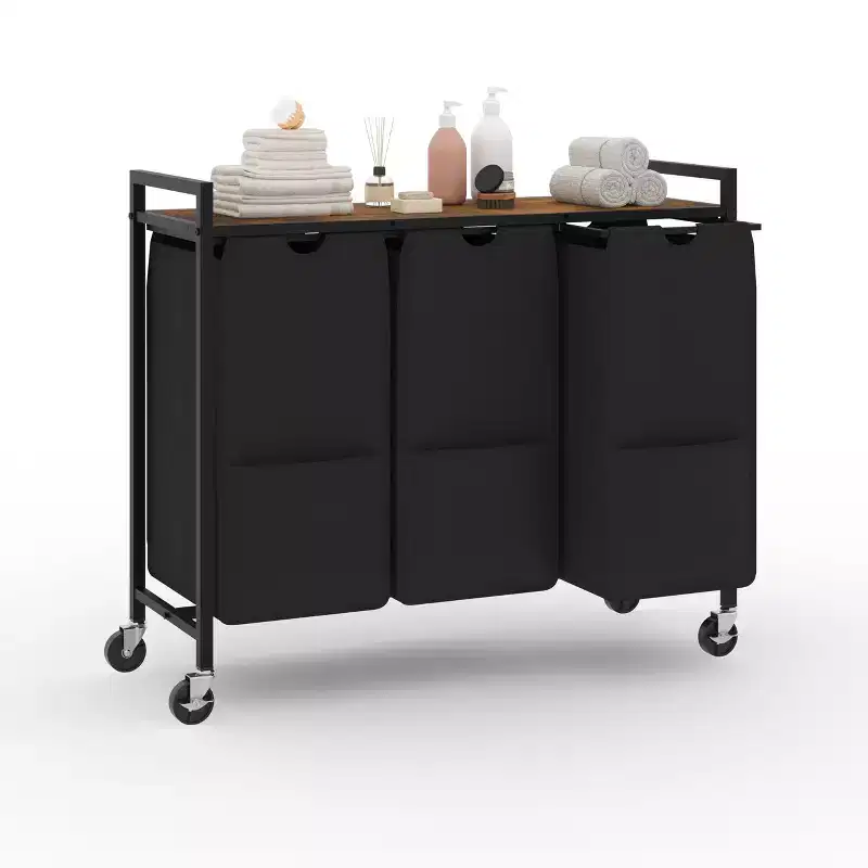 Laundry Sorter with Wheels and Removable Bags, 3-Bin Rolling Storage Cart with Shelf for Bedroom Bathroom Dorm, 33 Space-Saving Hamper