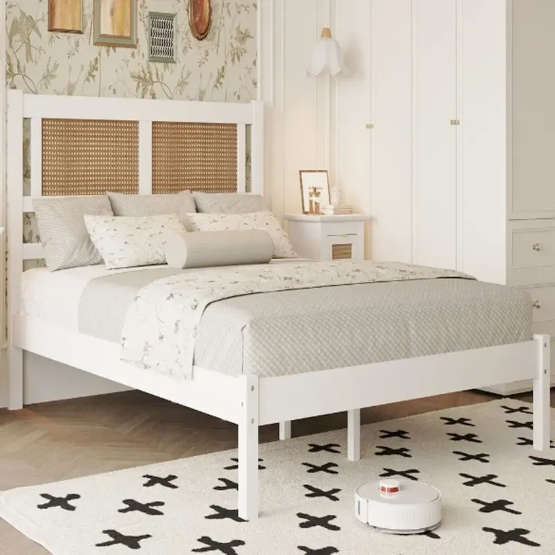 Queen Size Wood Platform Bed with Rattan Headboard