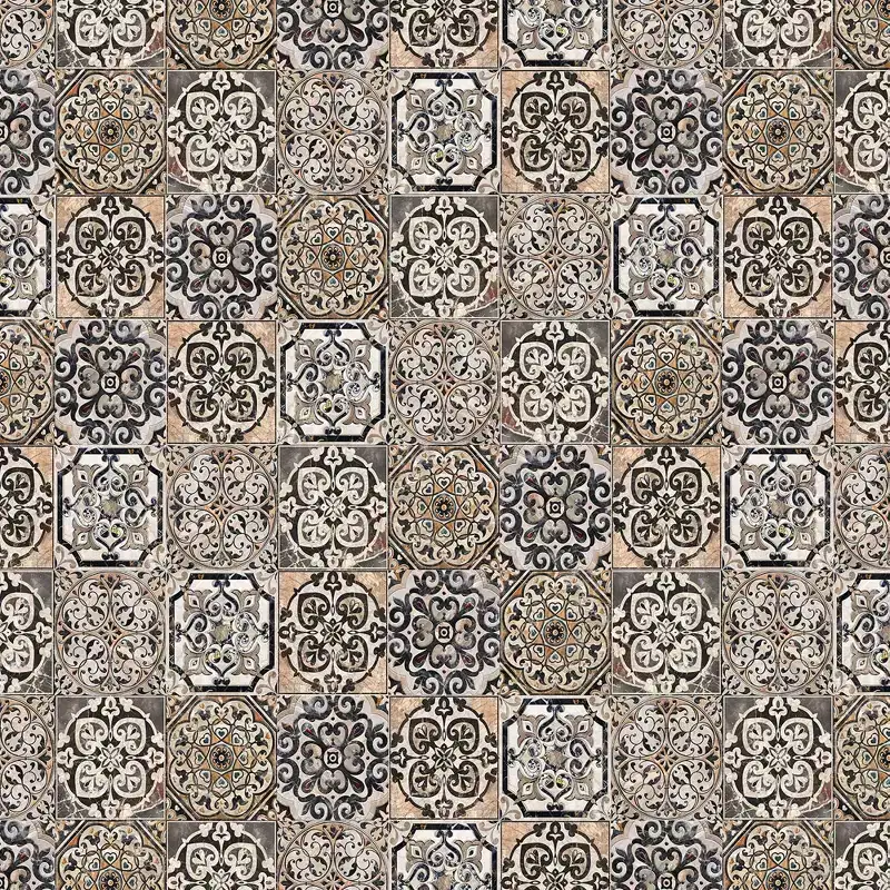 6-Panel Double Sided Victorian Tile Canvas Room Divider, Beige, High Resolution, No Assembly Required