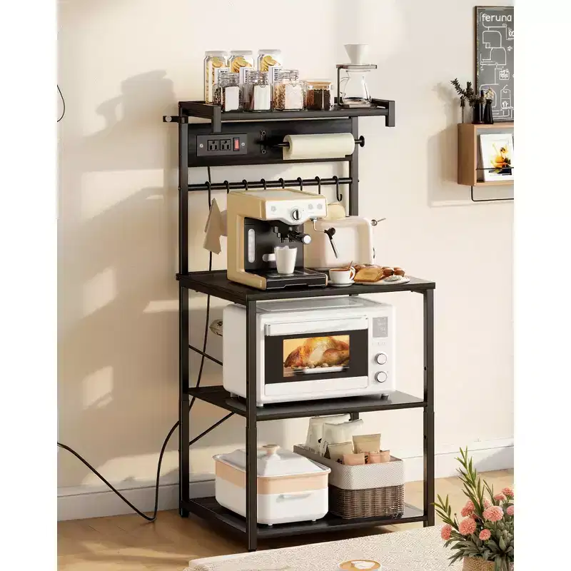 Kitchen Bakers Rack, 4.6ft Power Cable Bakers Rack with Power Outlet, Kitchen Stand with X-Shaped Support Bar, 8 S-Shaped Hooks