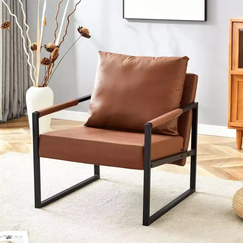 Ora Maison Classic PU Leather Accent Chair  Ergonomic Modern Industrial Chair with Sturdy Metal Frame for Living Room & Office, Brown