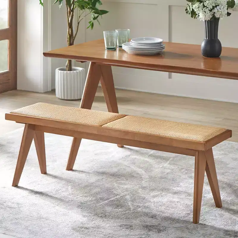 Modern Rattan Solid Wood Dining Bench Light Walnut