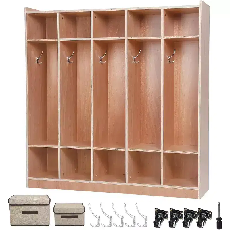 5 Section Coat Locker with Wheels,Wooden Storage Cabinet Cassroom Storage Glazed Surface Cubby,Mobile Storage,Anti-Tip Kit,5 Hooks 10 Cubbies