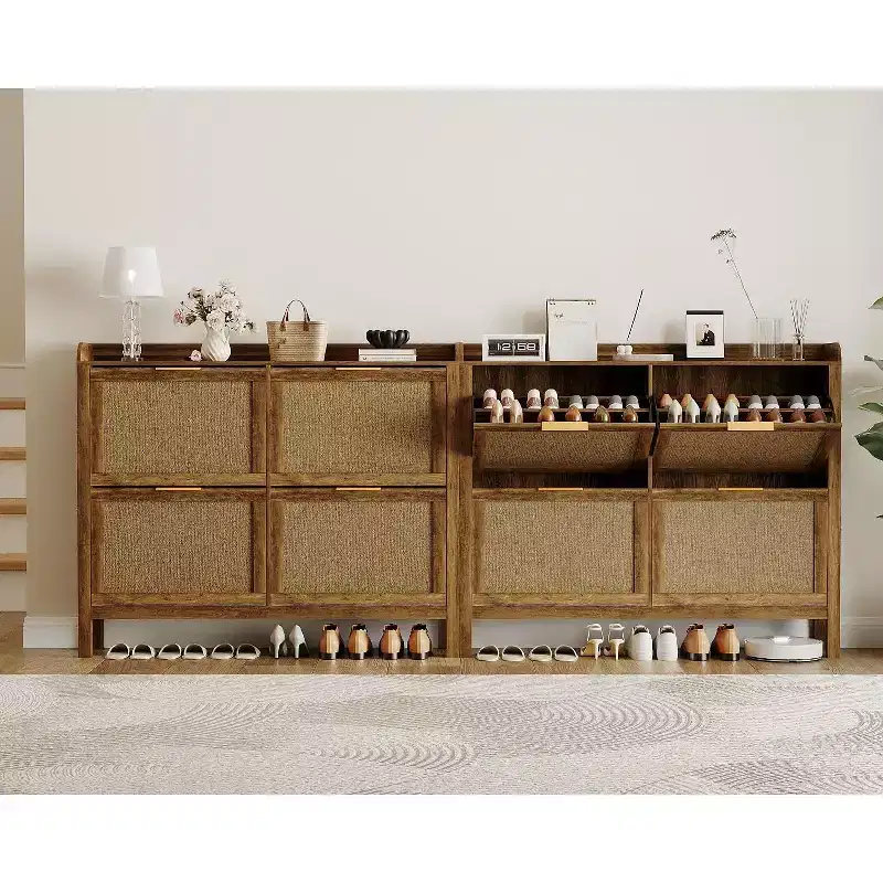 Farmhouse-style rattan shoe cabinet, 47-inch shoe rack with 4 flip-top drawers, freestanding narrow shoe rack with concealed gold handles and shelves
