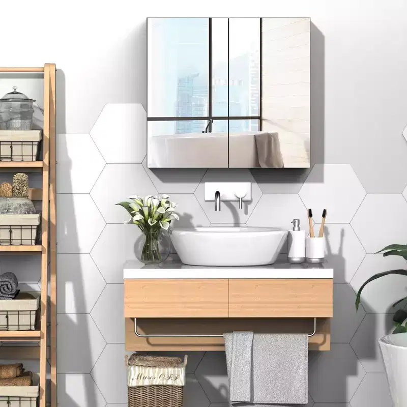 Bathroom Mirrored Medicine Cabinet, 24x22 Steel Frame, Wall-Mounted Double Door Storage