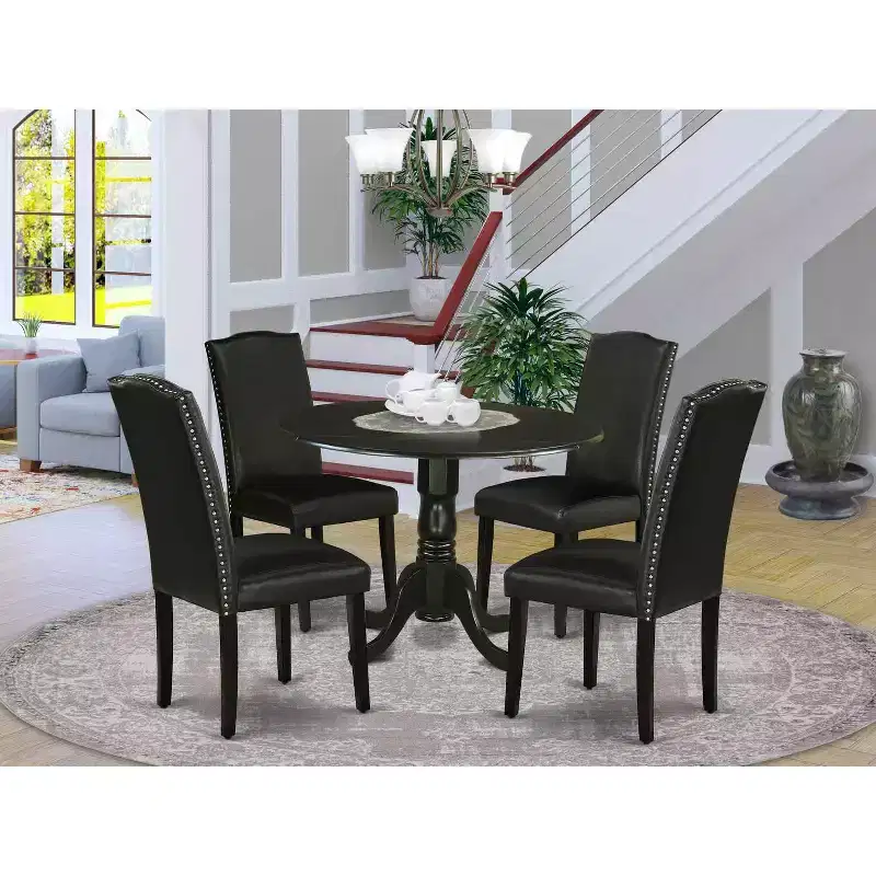 Round Kitchen Table Set 5pc 42 Table w/ Drop Leaves & 4 Parsons Chairs - Black PU Leather