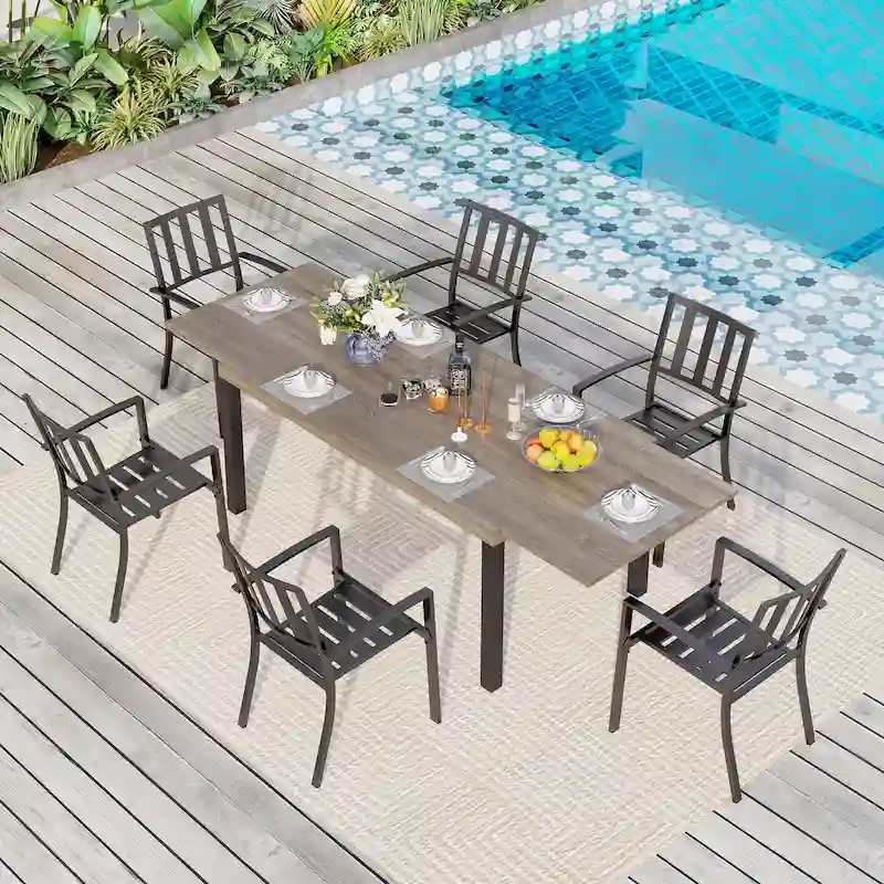 MAISON ARTS 7/9-Pieces Patio Dining Set with Metal Rectangle Expandable Table and Metal Stackable Chairs