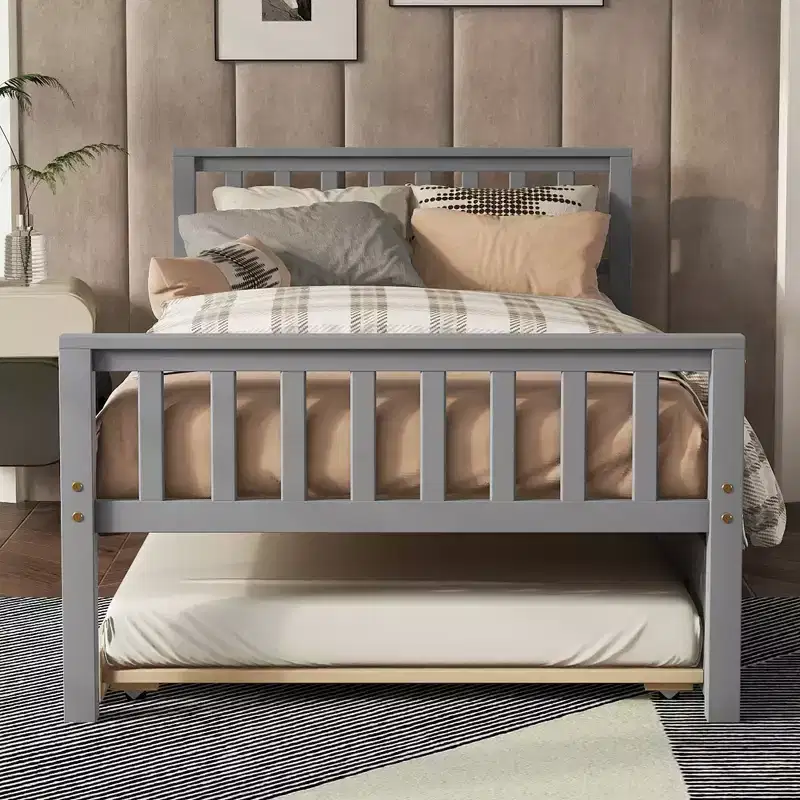 MATEERTY Twin Bed with Trundle, Platform Bed Frame with Headboard and Footboard for Bedroom Small Living Space Gray
