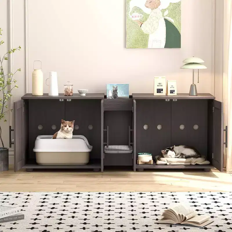 55 Double Litter Box Enclosure for 2 Cats, TV Stand, Waterproof Easy-Clean Surface, Cabinet Buckles & Storage Grooves, Pet Furniture for Living Room