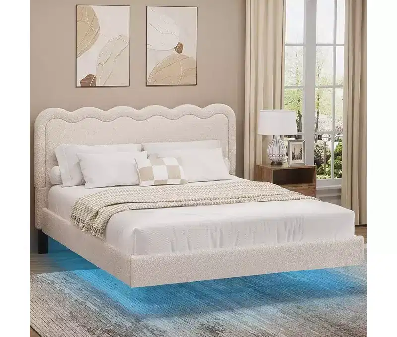 Queen Size Boucle Bed Frame with LED Lights, Floating Platform Bed with Waved Headboard, Sturdy Metal Frame, Noise-Free, Beige