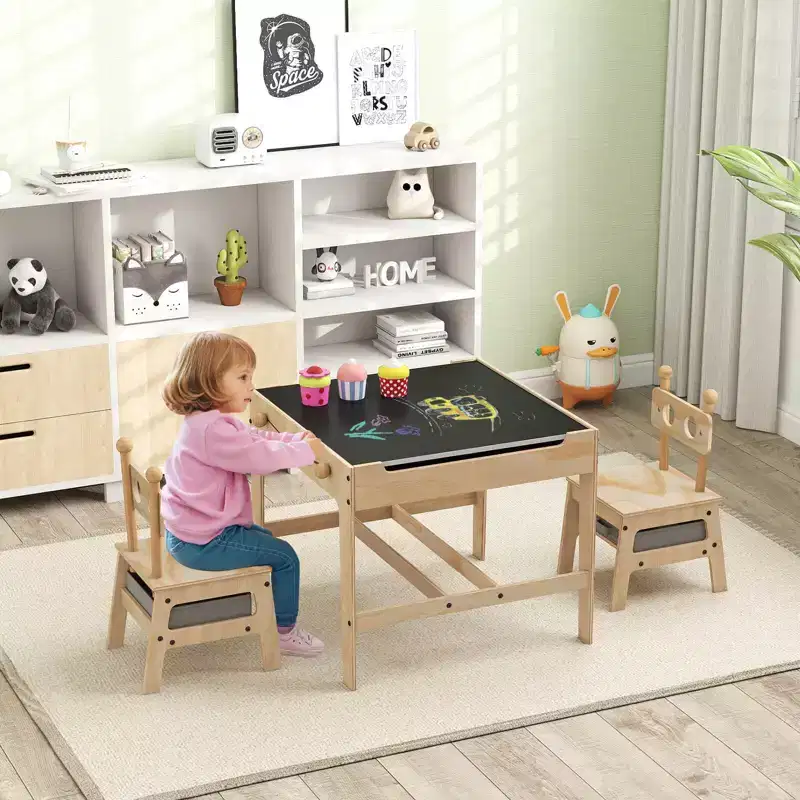 Costway Kids Table and Chairs Set 4 in 1 Children Activity Table with Reversible Whiteboard Gray+Natural/Orange+Natural