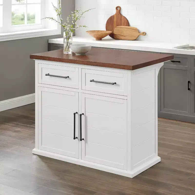 Bartlett Wood Top Kitchen Island White/Walnut: Traditional Style, Adjustable Shelves, Storage Cart