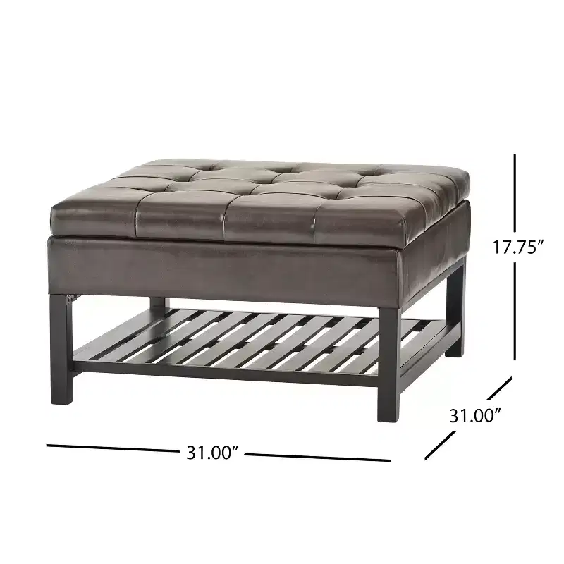 GDFStudio Kilbourne Contemporary Bonded Leather Tufted Storage Ottoman with Shelf, Brown/Dark Brown