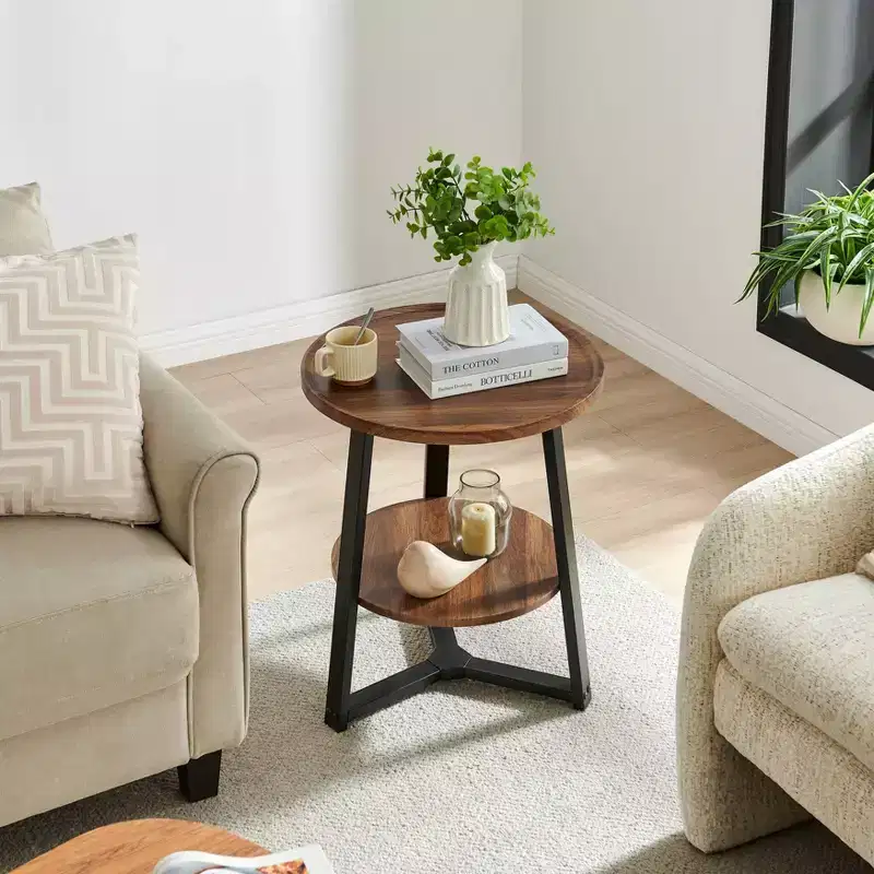 Mason Round 2-Tier Mid-Century Side Accent Table – Walnut/Black, Pedestal Legs, MDF