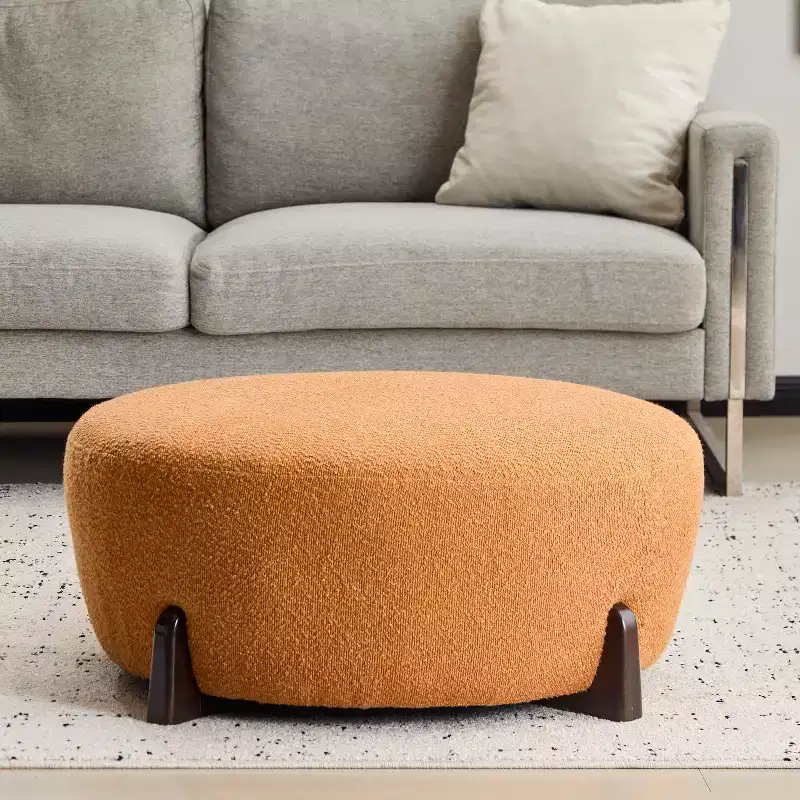 Modern Boucle Round Ottoman, Soft Upholstered Footrest and Accent Stool with Rubber Wood Legs