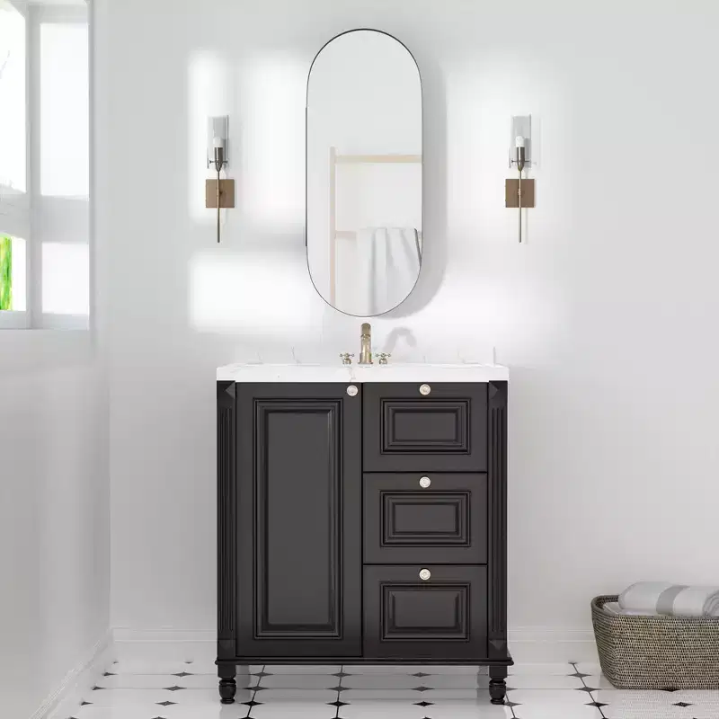 MAYEERTY 32 x 16in Modern Oval Bathroom Medicine Cabinets, Metal Framed Wall Mirror with Storage, Black