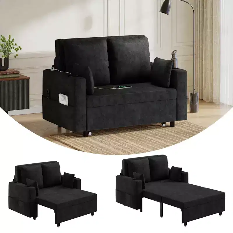 3-in-1 Pull-Out Couch, 56Loveseat Sleeper Sofa Bed, Full Size Pull Out Sofa Couch with Cup Holders, for Living Room, Bedroom, Apartment