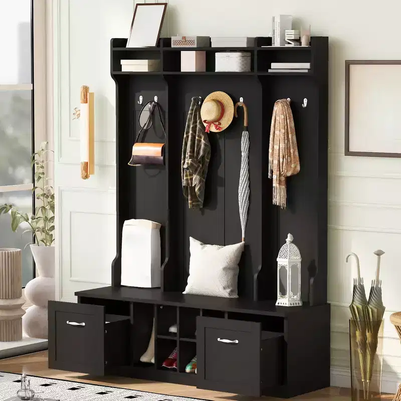 Entryway Hall Tree With Shoe Bench, Entryway Bench with Coat Rack, 58.8'' Wide Coat Rack Storage Shelf for Small Spaces Living Room Hallway