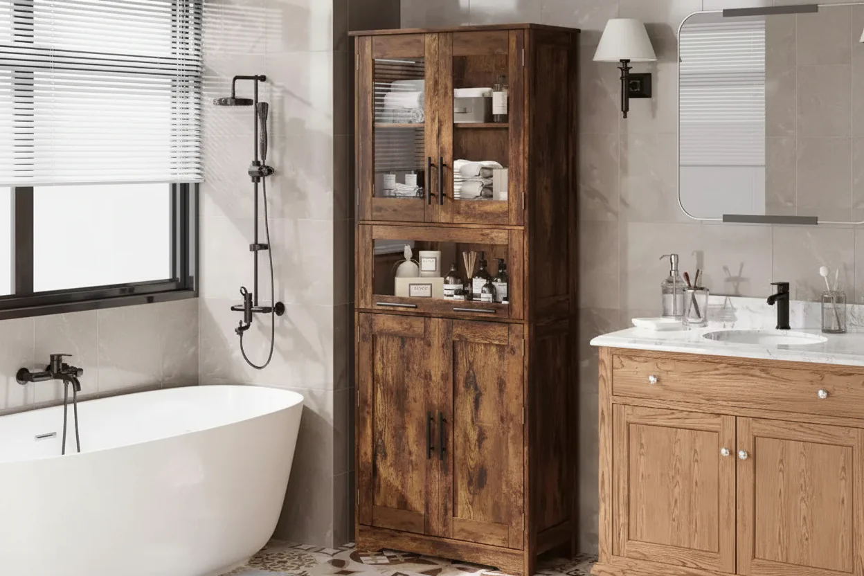 Tall Bathroom Floor Cabinet – Freestanding Storage Unit with Doors & Adjustable Shelves