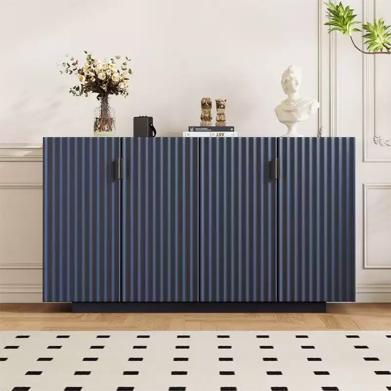4 Wavy Door Retro Storage Buffet Sideboard Cabinet with Adjustable Shelves & Copper Handles