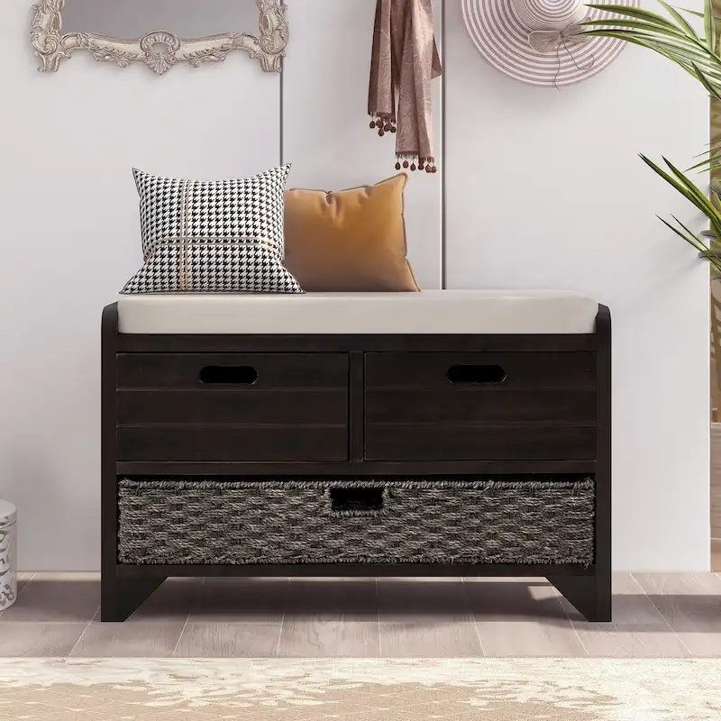 Wood Storage Bench with 1 Removable Basket & 2 Drawers, Fully Assembled Shoe Stool 32 Entryway Bench with Removable Cushion