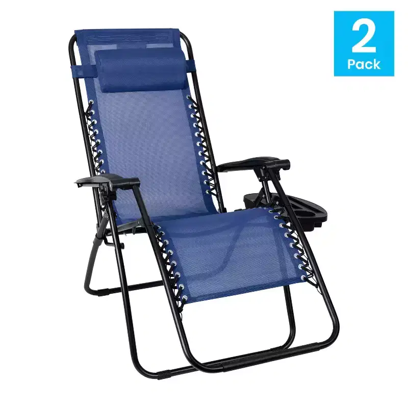 Flash Furniture Adjustable Folding Mesh Zero Gravity Reclining Lounge Chair with Pillow and Cup Holder Tray, Set of 2