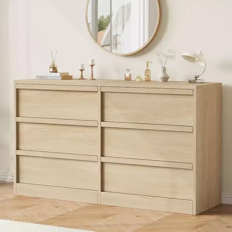 6 Drawer Dresser for Bedroom, 46 in Wide Natural Oak 6 Chest of Drawers with Large Storage