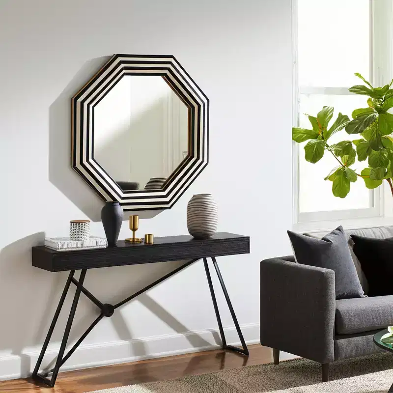 Modern Decorative Accent Mirror Resin Wood MDF Glass Octagonal Striped Frame 24 Black and White for Home Office Bedroom Living Room
