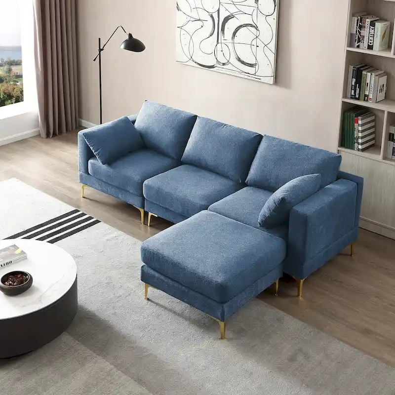 Christopher Knight Home - Beige L-Shape Sectional Sofa with Gold Metal Legs and Ottoman