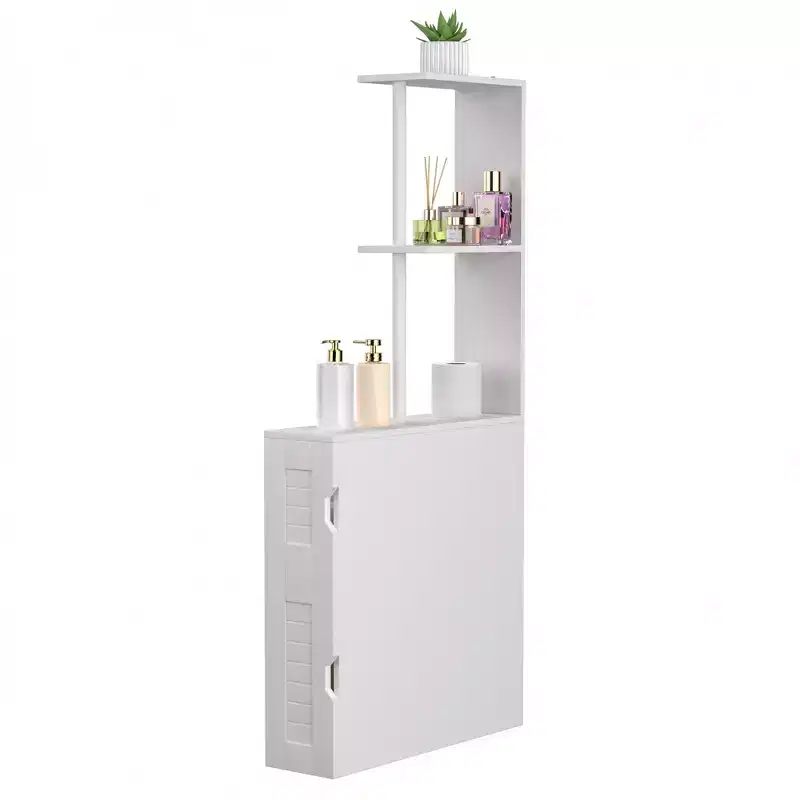 VECELO Narrow Bathroom Storage Cabinet, Slim Bathroom Storage Organizer with 2 Open Shelves & Door, Freestanding Floor Cabinet for Small Spaces, White