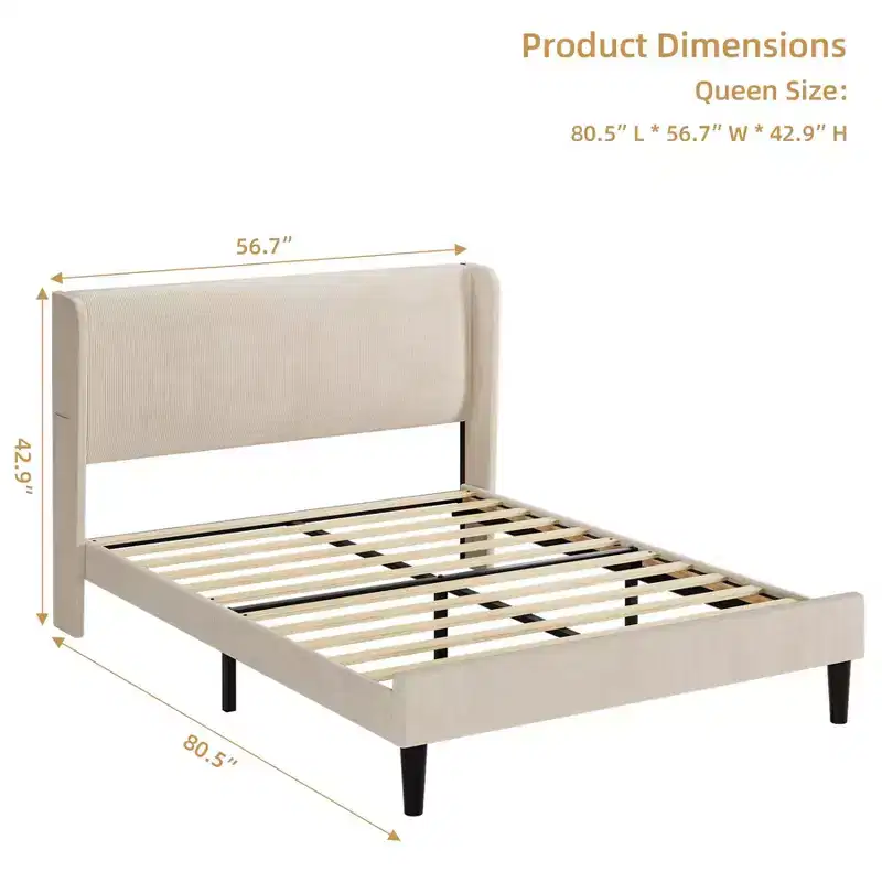 Whizmax Bed Frame with Wingback Headboard, Upholstered Bed Frame with Wood Slats, Sturdy Support Feet, No Box Spring Needed, Easy Assembly