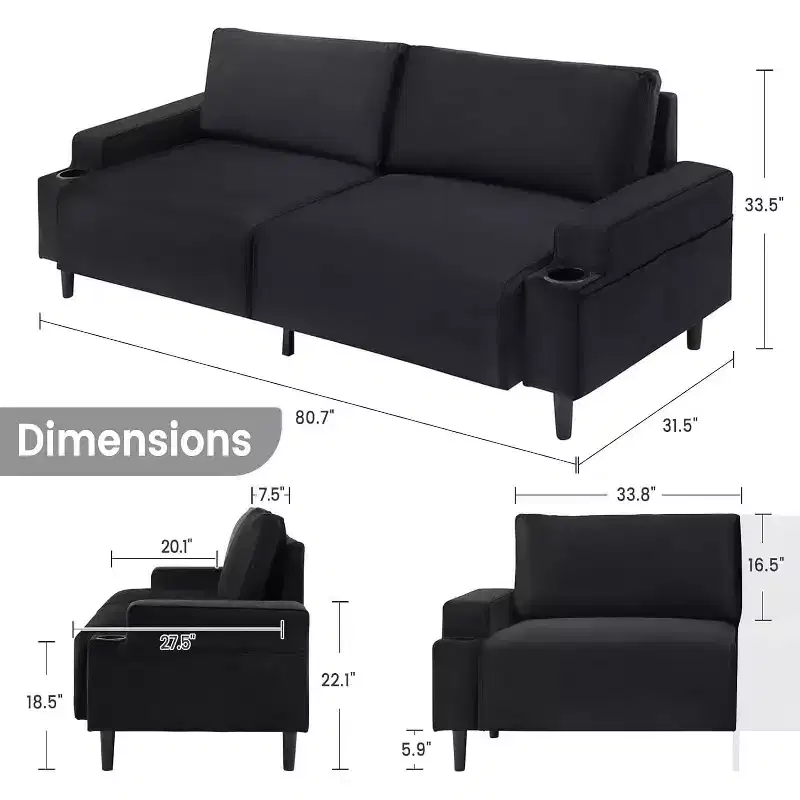 3-Seater Flannel Sofa with Armrests, Storage Bag and Cup Holders - Black/Grey